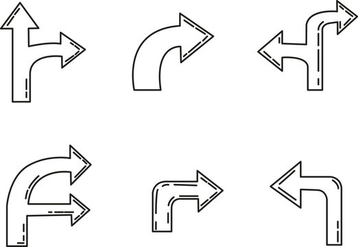 Set of black outline road sign direction arrows with curved and straight paths isolated on white