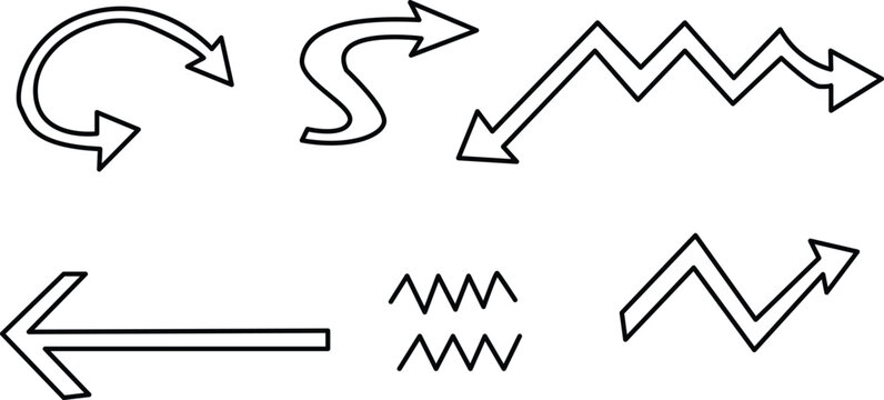 Set of black outline vector arrows of various shapes including curved, zigzag, and straight pointing indicators