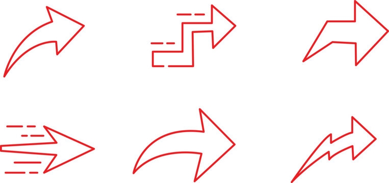 Set of Red Outline Arrows Icons Vector Illustration Isolated on White Background