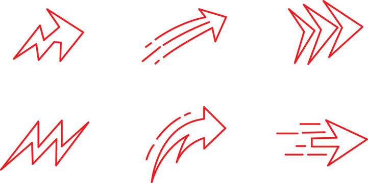 Set of red outline arrows and speed symbols for graphic design, web interfaces and UI elements