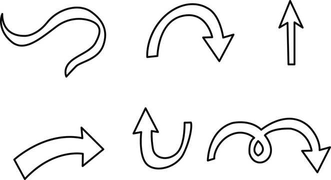 Collection of hand drawn arrows with various curved and wavy shapes in black outline