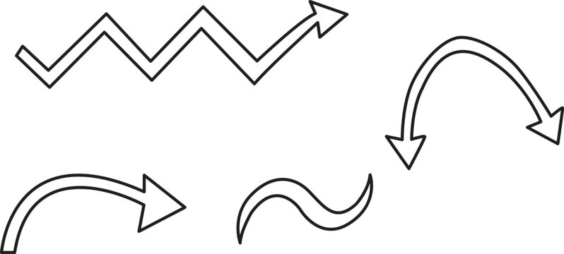 Collection of hand drawn outline arrow icons, doodle curved and zigzag arrows set