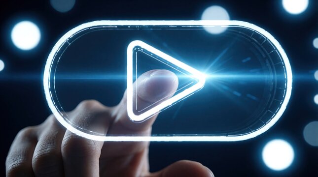 Human finger touches glowing digital play button icon on dark screen. Virtual interface element for video streaming, multimedia control. Modern tech concept showing media playback activation through