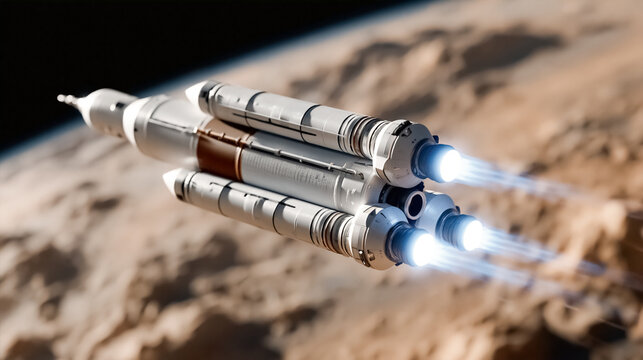 A heavy space rocket with powerful burning engines flying in outer space orbit above the dusty brown surface of planet Mars or Moon.