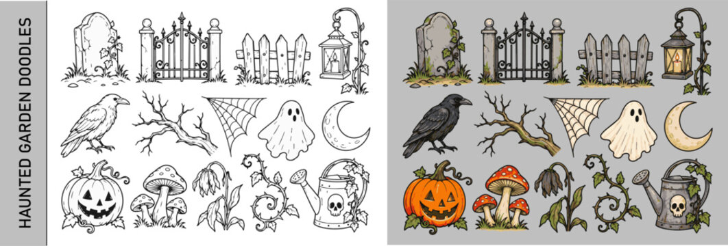 Haunted garden vector doodles with graveyard gate, crow, pumpkin and spooky plants