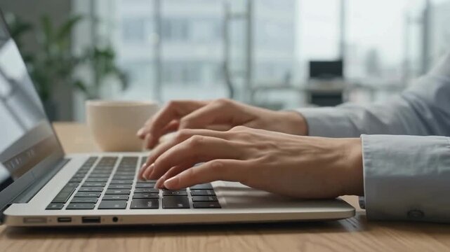 Close up of hands typing on a modern laptop keyboard at a bright office desk with a coffee cup in the foreground business work remote work computer keyboard