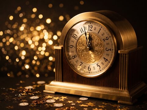 Elegant vintage golden desk clock showing nearly midnight against a festive background of glowing golden bokeh lights and star confetti, representing a New Year's Eve countdown concept.