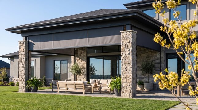 Modern outdoor patio features comfortable lounge furniture with stone pillars and dark retractable screens under a contemporary luxury house roof
