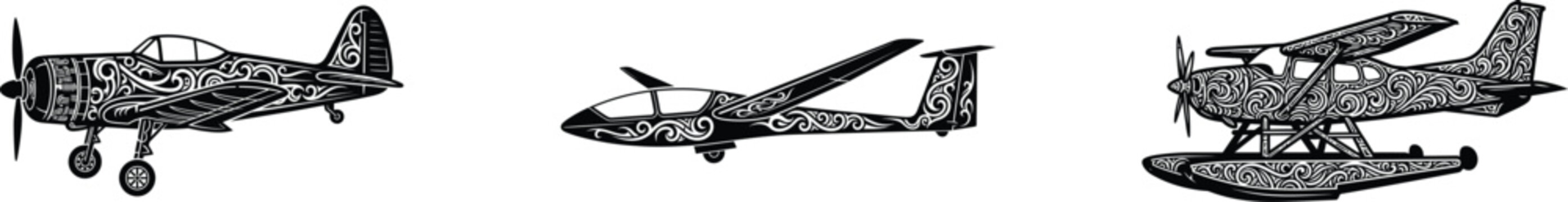 Black Silhouette Set of Propeller Plane, Glider and Seaplane with Ornamental Swirl Patterns