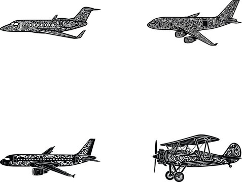 Black Silhouette Set of Private Jet, Airliner and Biplane with Ornamental Swirl Patterns