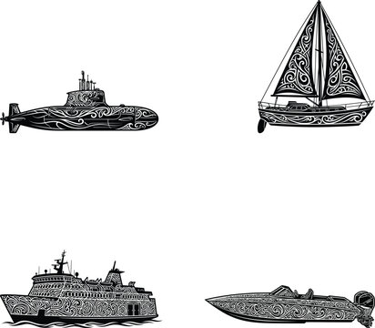Black Silhouette Watercraft Set With Ornamental Swirl Patterns, Submarine, Sailboat, Ferry and Speedboat