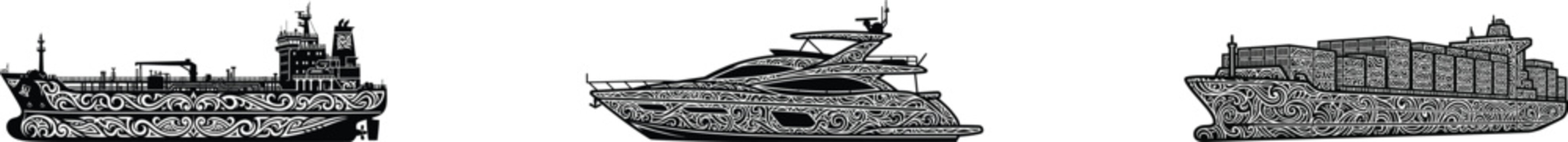 Black Silhouette Set of Tanker Yacht Container Ship with Ornamental Swirl Patterns