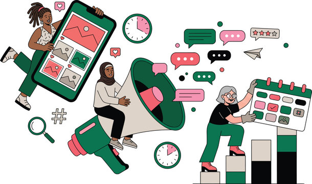 Colorful vector illustration of diverse women working on digital marketing and social media strategy