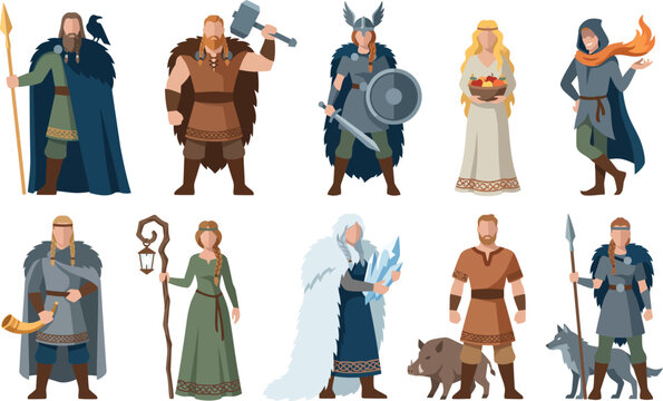 Colorful vector illustration set of Norse mythology gods and Viking warrior characters