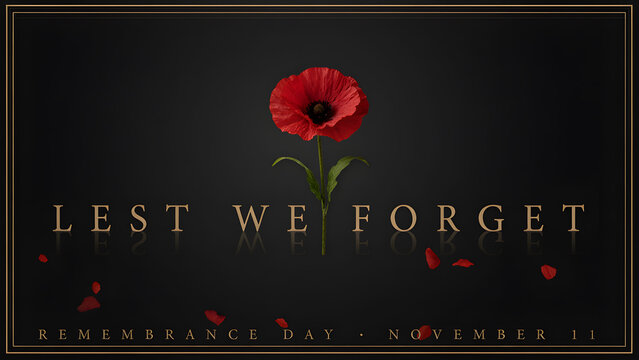 Remembrance day banner featuring a red poppy flower and the slogan lest we forget for commemorative events, Lest We Forget typography featuring a red poppy flower, created with generative ai