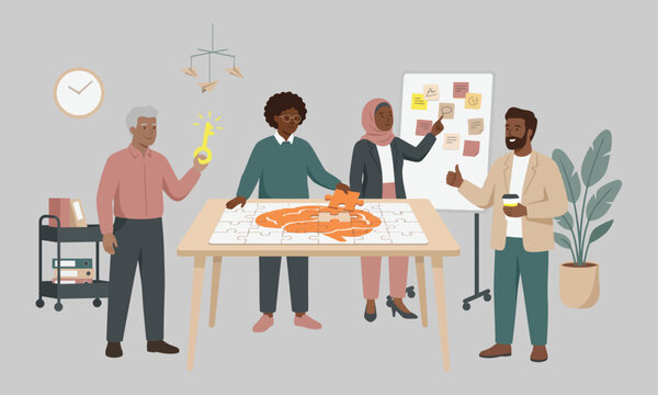 Diverse business team collaborating on brainstorming puzzle strategy and brainstorming solutions