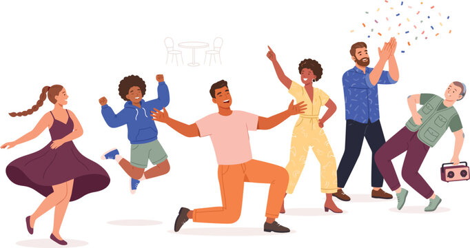 Diverse group of happy friends dancing and celebrating at a party