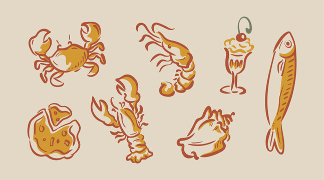 Hand Drawn Seafood and Food Vector Elements Set