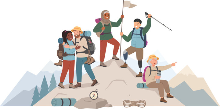 Diverse group of hikers reaching mountain peak and celebrating outdoor adventure