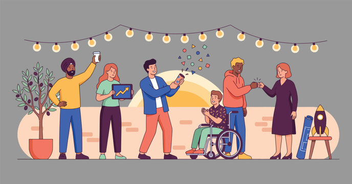 Diverse team celebrating success with confetti lights wheelchair and fist bump