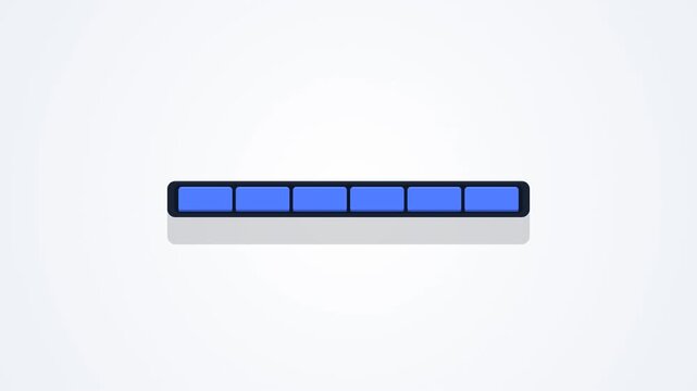 Minimal technology loading animation featuring magnetic blocks snapping sequentially into a segmented progress dock with smooth physical motion, sequential lighting/activation, completion feedback, an