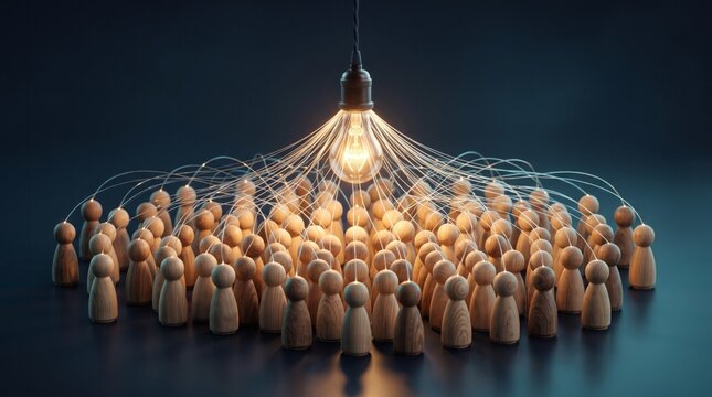 Wooden human figurines connected by glowing fiber optic lines to a central bright hanging lightbulb representing centralized creative team intelligence