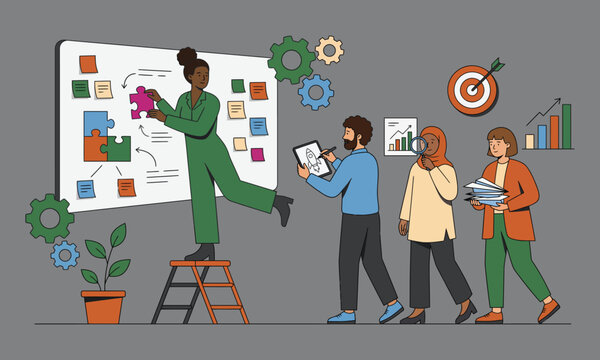 Flat vector illustration of diverse business team brainstorming with puzzle whiteboard and gears