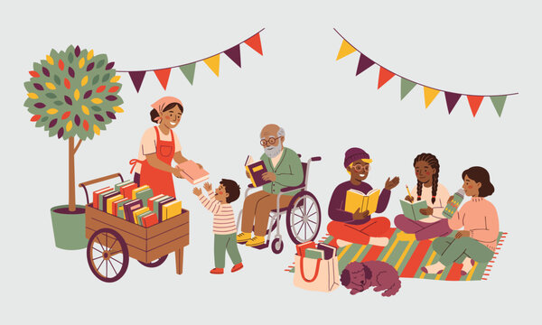 Flat vector illustration of diverse people reading books at outdoor community picnic with cart