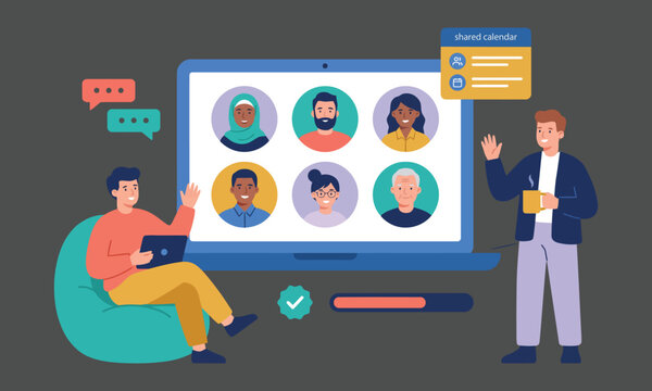 Flat vector illustration of remote team video conference with diverse colleagues waving