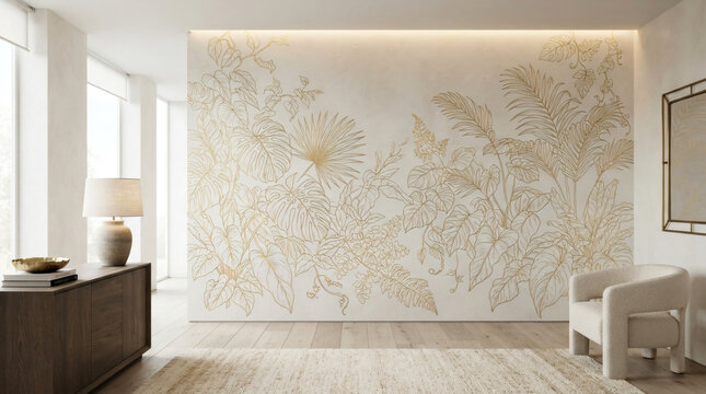 Modern Living Room Interior Gold Leaf Mural Wallpaper