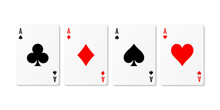 Four aces are displayed on a table. Each card shows a different suit of clubs, diamonds, spades, and hearts. The setting suggests a casual poker game. Vector illustration with dropped shadow.