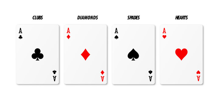 Four aces are displayed on a table. Each card shows a different suit of clubs, diamonds, spades, and hearts. The setting suggests a casual poker game. Vector illustration with dropped shadow.