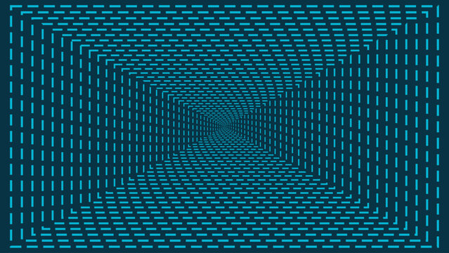 Abstract tunnel perspective background, with a pattern, of teal dashed, lines creating a, rectangular grid effect, on a dark, blue surface texture