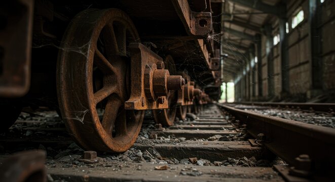 Abandoned rusted train wheels on old railway tracks in dim industrial warehouse