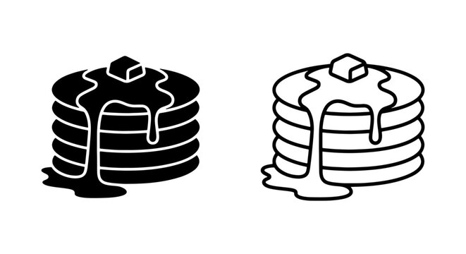 Pancake Icon Vector Set, Stack of Pancakes with Maple Syrup and Butter Line Art