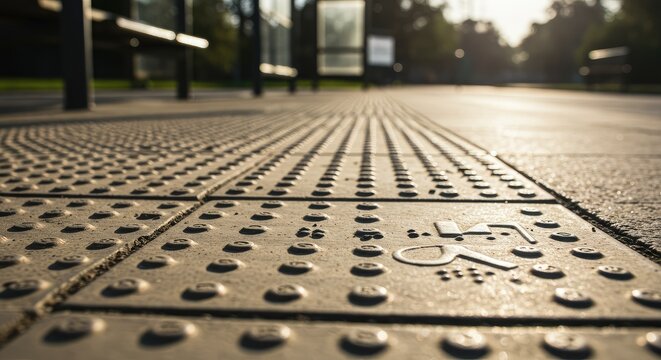 Close-up of tactile paving with wheelchair accessibility symbol on urban pavement