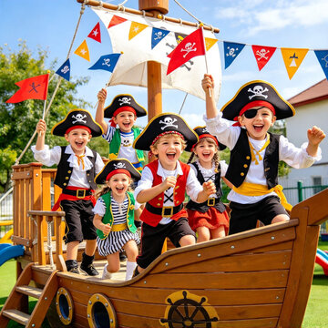 Joyful group of diverse children dressed as pirates celebrating on a wooden ship playground