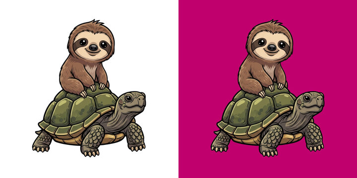 Cute cartoon sloth riding a green turtle character