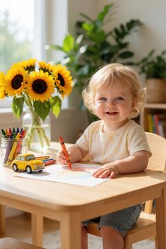 Cute blond toddler boy sits at wooden table, draws with colorful crayons on paper. Happy child smiles coloring in bright sunny room. Little kid engages in creative art activity near sunflowers, green