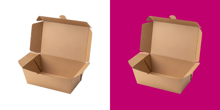 Open empty brown cardboard food takeaway box container for fast food delivery