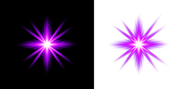 Dynamic purple light effect with radiant flares and sparkles isolated on transparent background