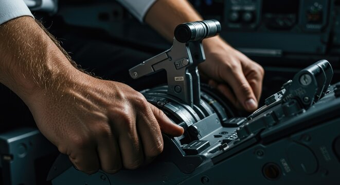 Close-up of hands adjusting car gear shift lever in modern vehicle interior