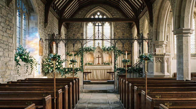 Epiphany church interior with stone architecture, wooden pews, and altar