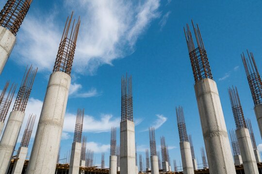 Low angle view of concrete pillars at construction site. Tall columns with steel rebar reinforcement stand against blue sky with clouds. New building foundation structure grows in urban area. Heavy