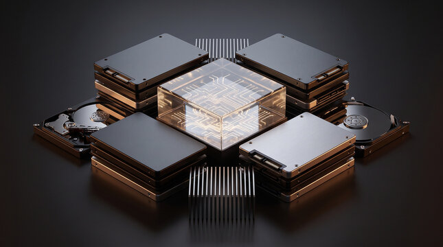 Futuristic central processing unit surrounded by multiple storage hard drives and solid state drives in dark studio lighting
