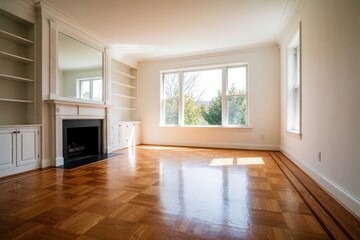 Obraz premium Empty bright living room with white walls, wooden parquet floor. Classic interior design features large windows, built in bookshelves, elegant fireplace. Spacious residential space with natural light