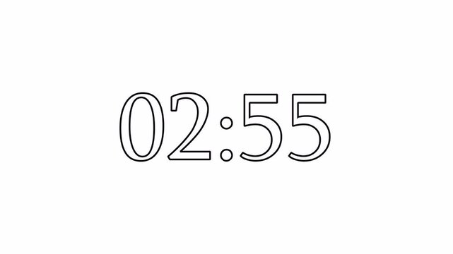 3 Minute Countdown Timer, Neon Digital Clock Animation from 03:00 to 02:00, Glowing Futuristic Time Counter, 1 Minute Countdown, Transparent Background, 4K Alpha Channel