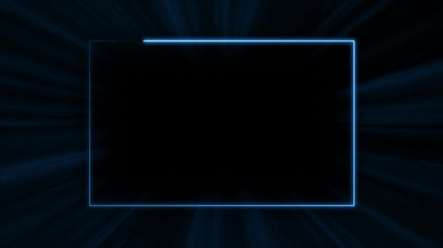 Rectangle frame animation glows over abstract streaking light rays. Modern sci-fi screen overlays outline rectangle frame. Cyber surveillance displays use frame.