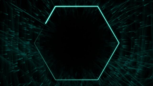 Hexagon frame animation displays geometric borders on dark space. Modern sci-fi telemetry screen panels outline hexagon frame. High tech overlays use the frame.