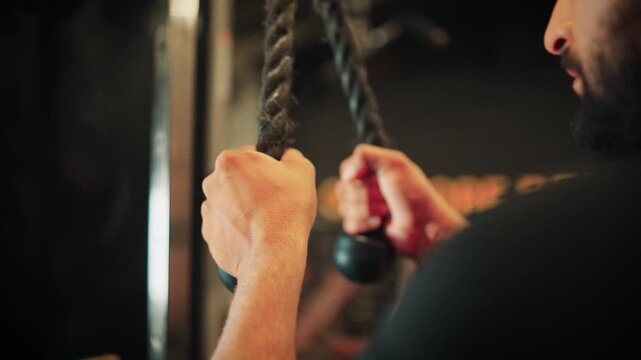 Extreme close up video shot of hands gripping a cable rope attachment getting ready for triceps pushdowns in a modern fitness center